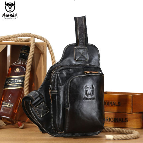 Captain Niu men's leather bag casual men's Korean style leather chest bag outdoor sports shoulder crossbody bag men's bag