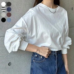 乐天秋季新款女装灯笼袖长袖上衣女 圆领套头宽松休闲百搭纯棉T恤