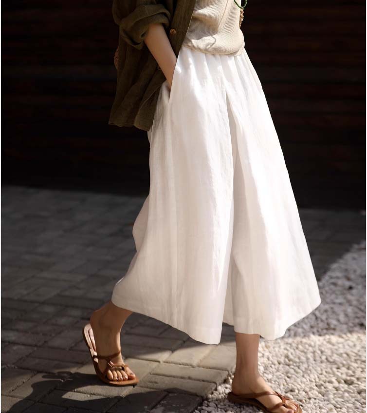 Quần culottes ống rộng vải lanh mỏng mát mùa hè nữ — Trắng sứ trơn, Xanh ngọc bích chi tiết 7