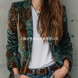 女士秋冬新款印花时尚休闲通勤西装外套含里布图片色其他欧美兔毛