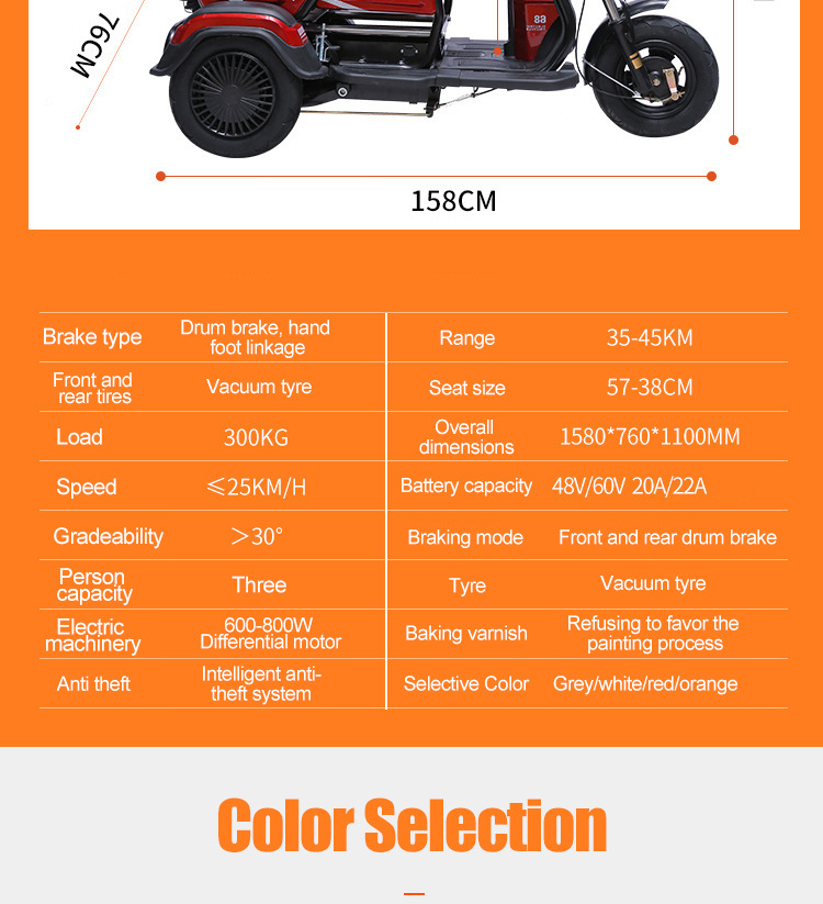 Electric Scooter Comfortable Seat Customizable Configuration Electric Tricycle