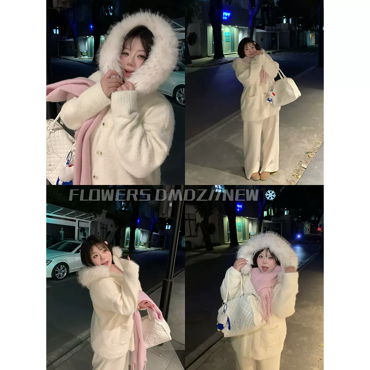 全球花【奶芙雪顶】大码秋冬软糯毛绒毛衣开衫毛领连帽针织外套