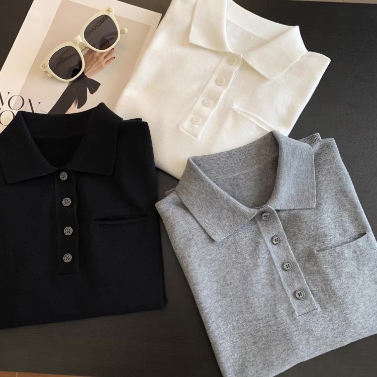 ROW-style High-end Light Luxury Women's Polo Lapel Knit Top with Base Cotton Round Neck Short-sleeved T-shirt for Women