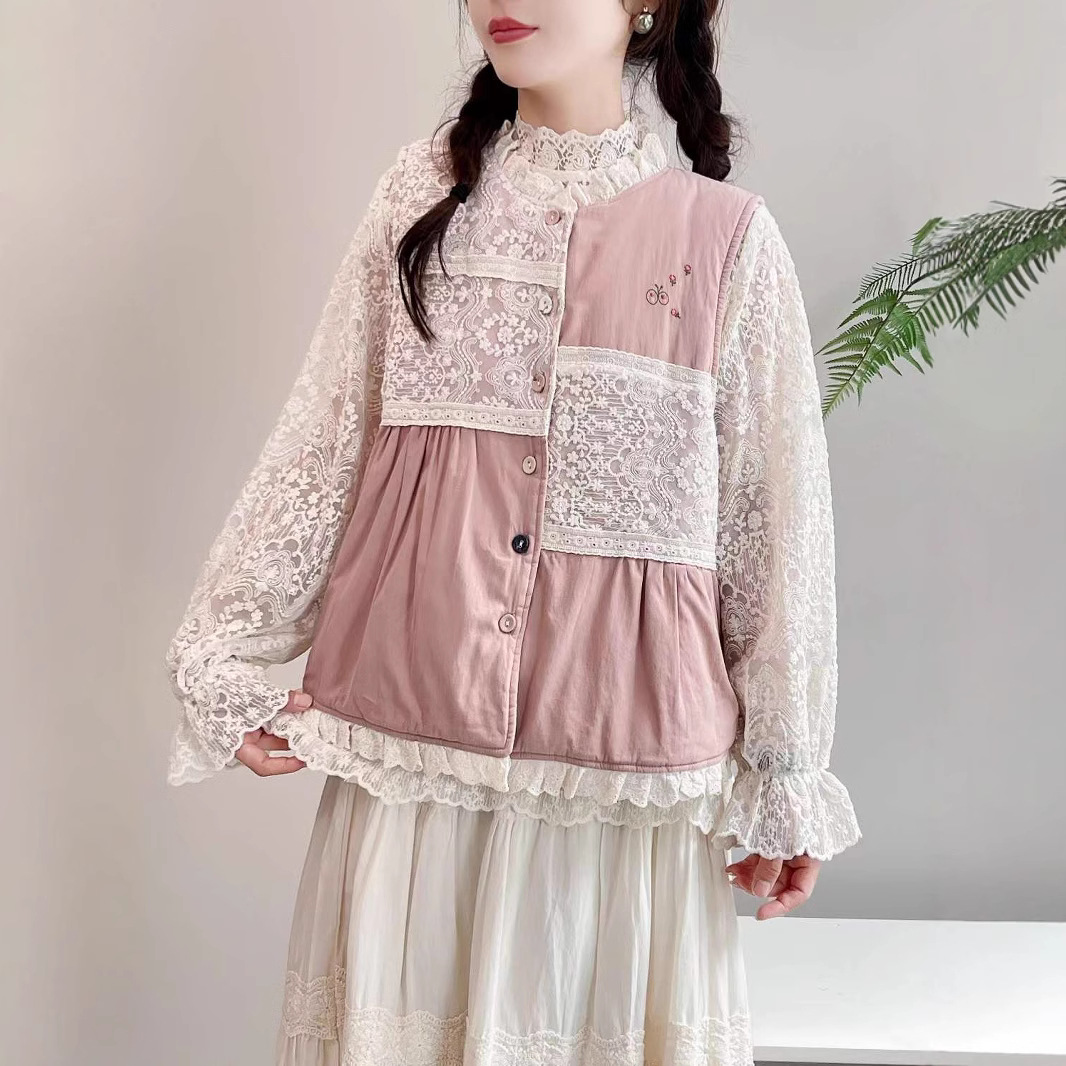 가을과 겨울 새로운 면화 조끼 모리 여성의 달콤한 크루 넥 레이스 나이를 줄이는 코튼 캐주얼 트렌디 2769