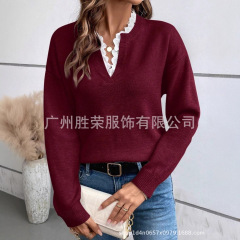 2025新款现货跨境外贸欧美女时尚花边V领纯色宽松长袖毛衣 针织衫