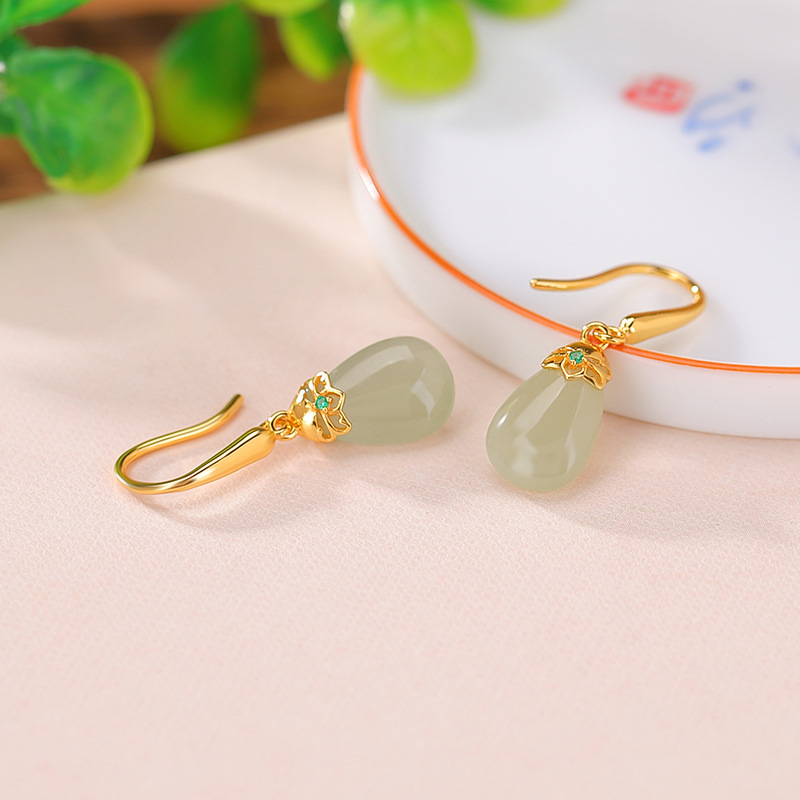 Khuyên tai nữ dài hình giọt nước bạc S925 mạ vàng đính ngọc bích — Một cặp