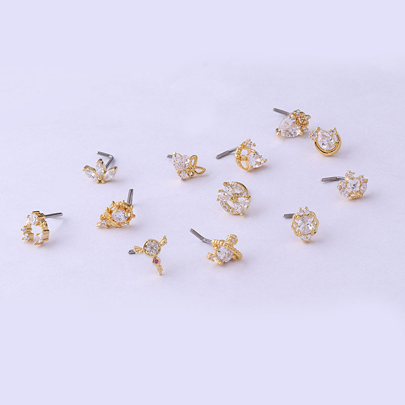 Titanium Steel Screw Rod Heart Shape Crown Zircon Nose Stud Fashion Puncture Nose Studs