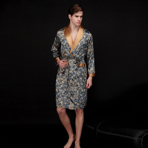 Men's Summer Silk Pajamas Long Sleeve Home Ice Silk Pajama Set for Spring and Autumn Home Wear Wholesale