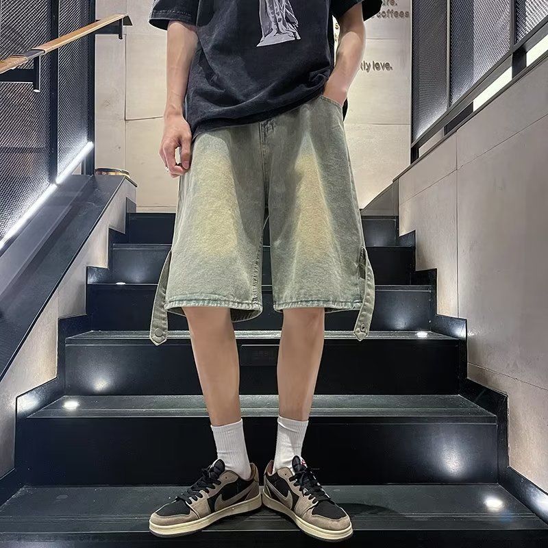Pantalones cortos de mezclilla teñidos de barro amarillo retro americano para hombres pantalones de herramientas de moda de estilo fino de verano