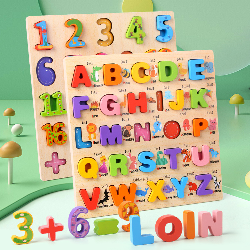 Tablero alfanumérico de madera transfronterizo Puzzle Montessori Cognitive Early Education Learning Caja de color a juego Tablero de agarre de mano Juguetes para niños