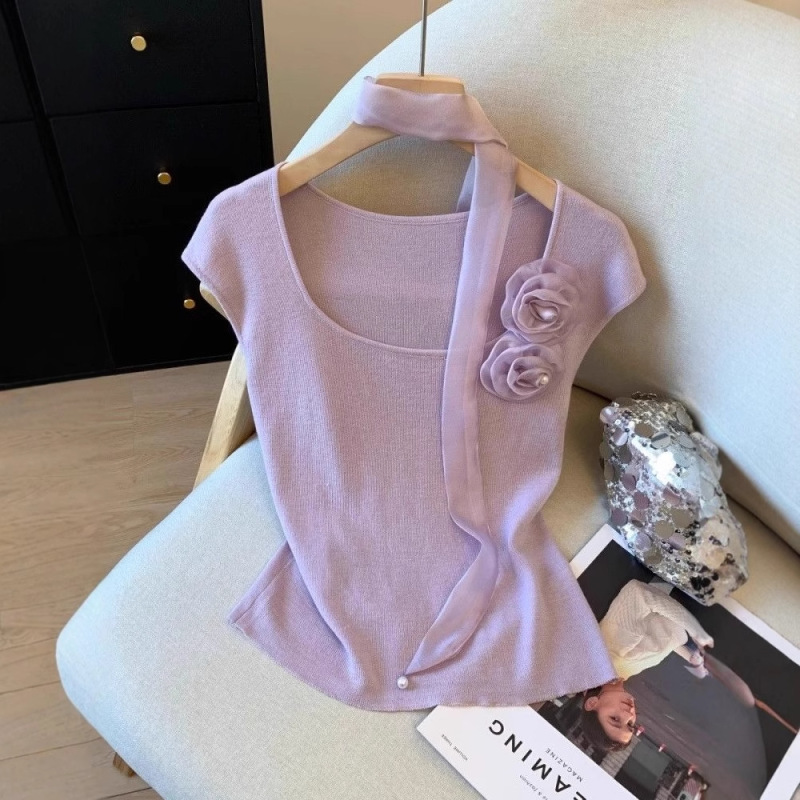 French Halterneck Ribbon Purple Stereo Flower Square Neck T-Shirt 2025 Women's Summer Thin Ice Silk Knitted Top French Halterneck Ribbon Purple Stereo Flower Square Neck T-Shirt 2025 Women's Summer Thin Ice Silk Knitted Top