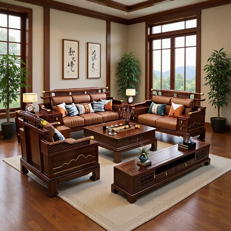 新中式乌金木实木沙发组合榫卯雕花高端轻奢大小别墅客厅原木家具