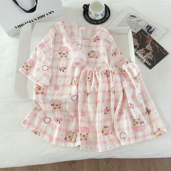 Venta al por mayor transfronteriza de pijamas vietnamitas verano femenino dibujos animados coreanos dulce y lindo estudiante estampado cuello redondo nube algodón estilo ins