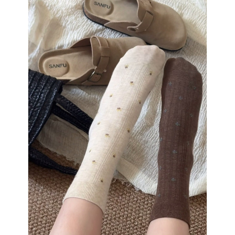 Autumn New Gentle Floral Socks Miu Style Women's Socks Cotton Socks Casual Lazy Seamless Socks Paired with Birkenstock Shoes Slouch Socks