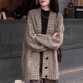 新款秋冬25慵懒风100羊毛开衫女V领中长款宽松羊绒外套打底毛衣