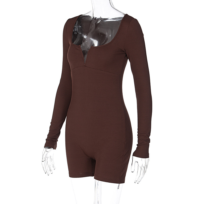 Women Clothing Autumn Solid Color Slim U Neck Long Sleeved Jumpsuit