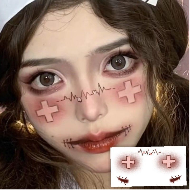 Halloween Yandere Nurse Makeup Tattoo Stickers, Cute Ghost Inspired Makeup, Heart Blush Teardrop Makeup Stickers