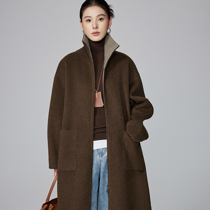 [本初]针织立领拼接双面羊绒大衣女秋冬极简风长款拉链羊毛呢外套