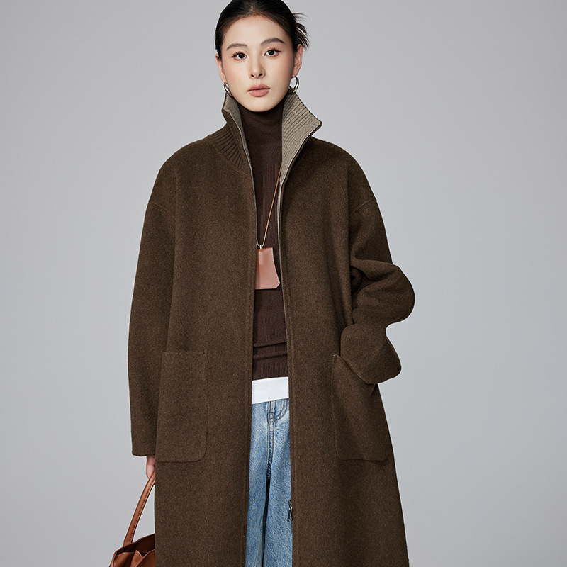 [Ben Chu] Knitted collar stitching double-sided cashmere coat women's autumn and winter minimalist long zipper wool coat
