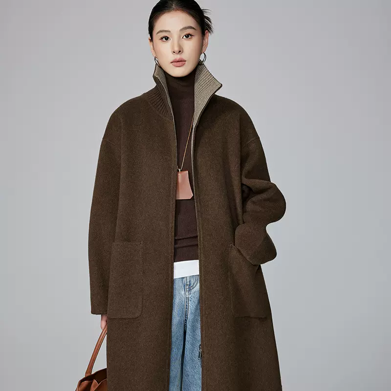 [本初]针织立领拼接双面羊绒大衣女秋冬极简风长款拉链羊毛呢外套