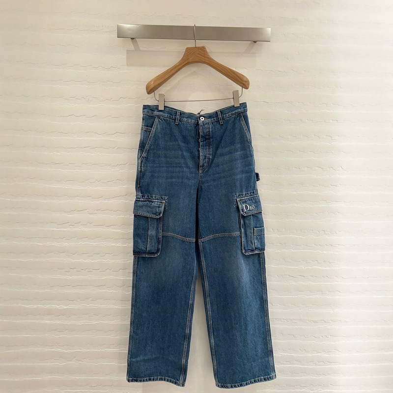 Correct version of the original label, in stock, CD brand pocket embroidered workwear denim casual straight-leg loose-fit versatile pants for both men and women