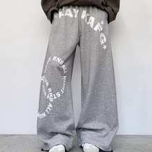 现货实拍美式运动卫裤男女款街头字母印花抽绳爵士舞宽松直筒长裤