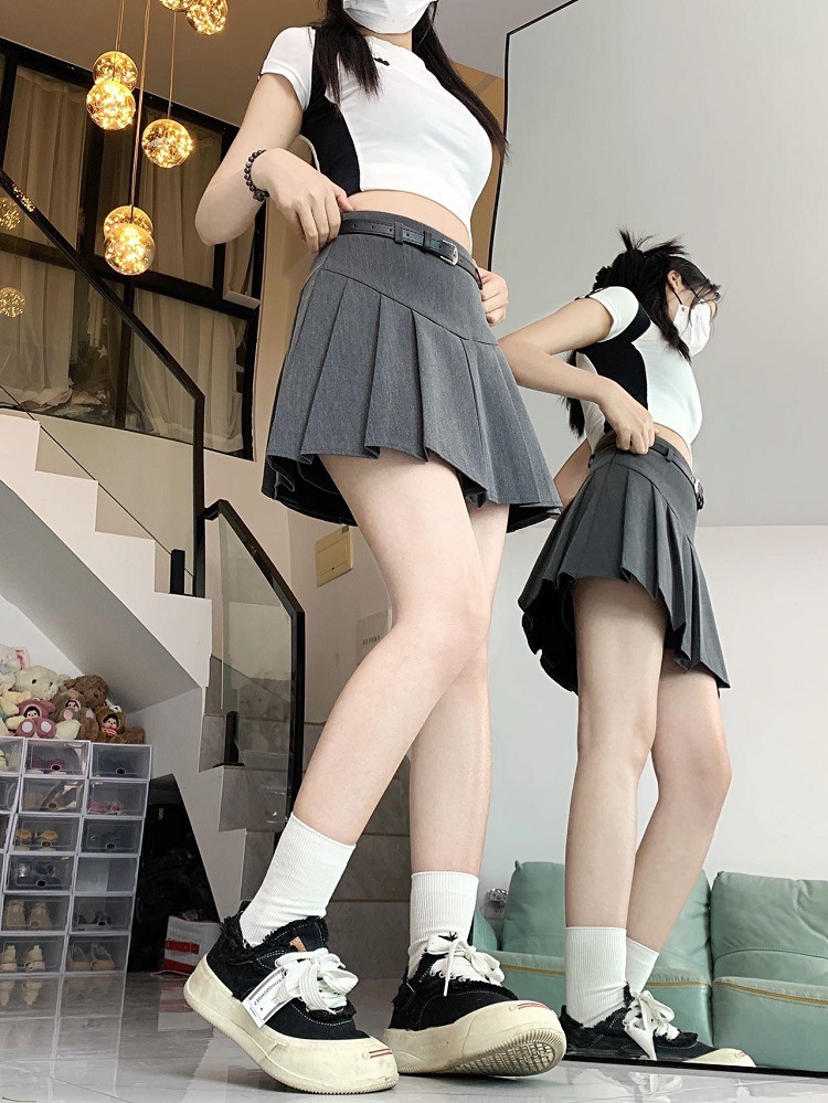 Women's Clothing Gray pleated skirt short skirt small high waist slimming skirt_voghion.com
