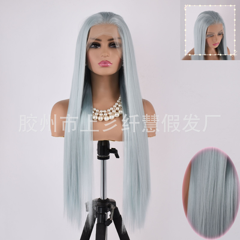 Front lace wig silver cyan hand hook ladies long straight hair high temperature matte chemical fiber headgear cos factory wholesale Front lace wig silver cyan hand hook ladies long straight hair high temperature matte chemical fiber headgear cos factory wholesale