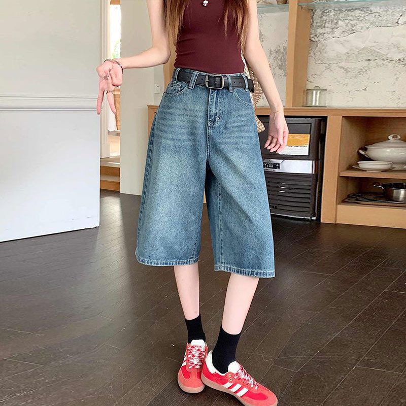 Petite High-Waisted Tummy Control Height-Enhancing Wide-Leg Cropped Denim Shorts for Women 2025 Summer Thin Slimming Straight Mid-Length Shorts