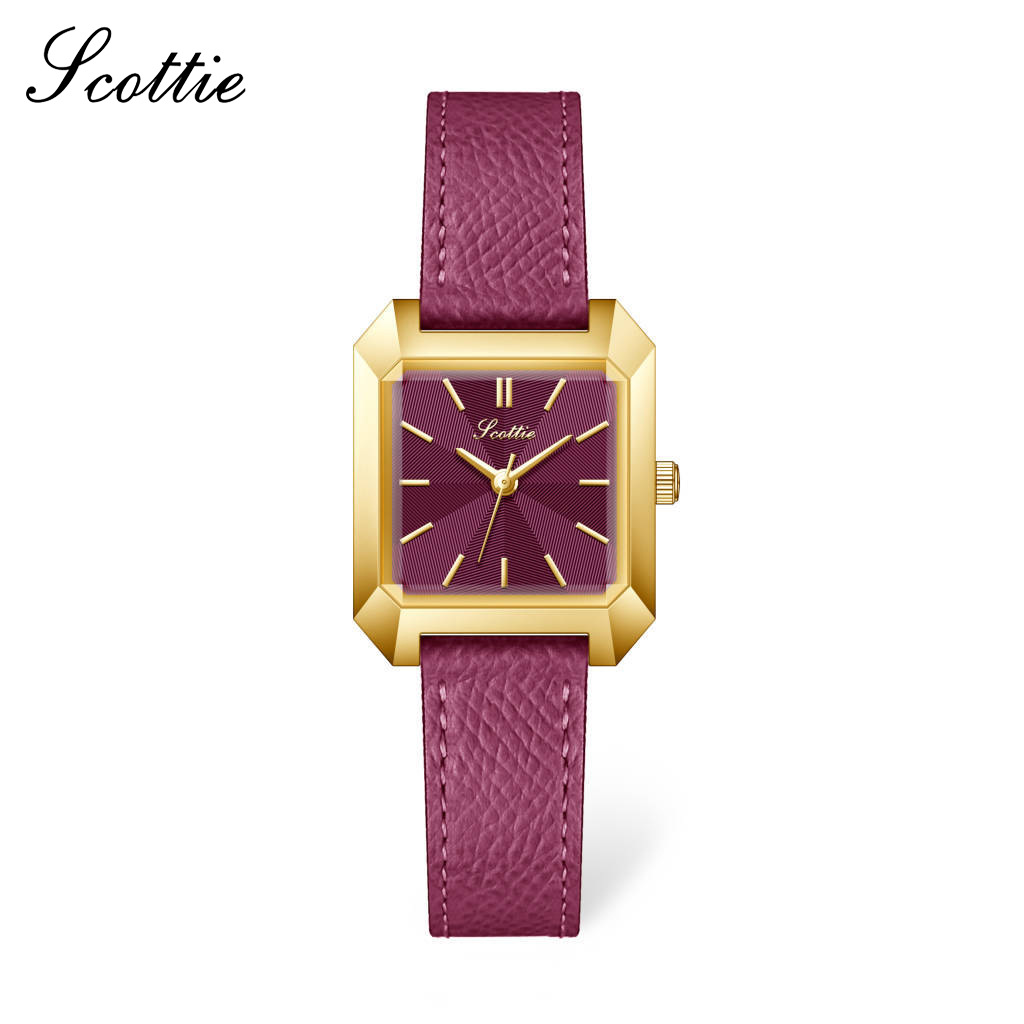 Montre Scottie Square Steel 9153 pour femme, bracelet en cuir couleur fruit du dragon, diffusion en direct_voghion.com