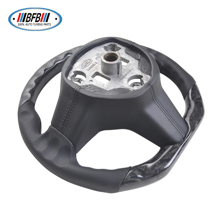 100% Real Carbon Fiber Forged Steering Wheel with Black Leather and Black Stitching - For Tesla Model Y - Modification
