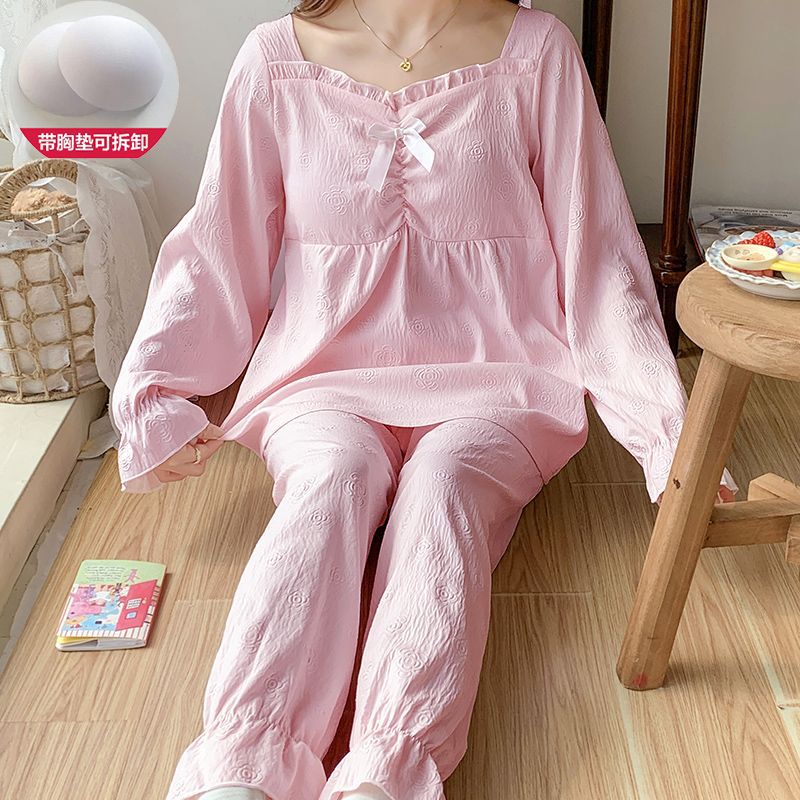 Pijama con cojín de pecho para mujeres primavera y otoño nuevo algodón nubes mangas largas pijama largo mediano dulce princesa ropa de estilo doméstico se puede usar fuera