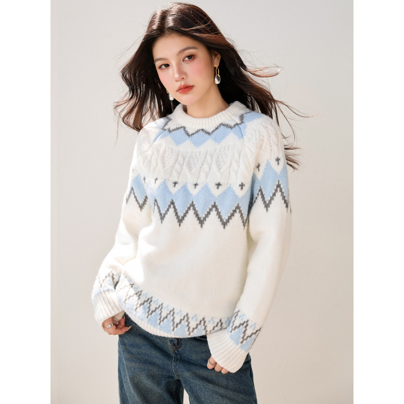 Fair Isle Retro Pullover Sweater Women's 2025 Autumn and Winter Lazy Soft Waxy Thickened Geometric Knitted Top