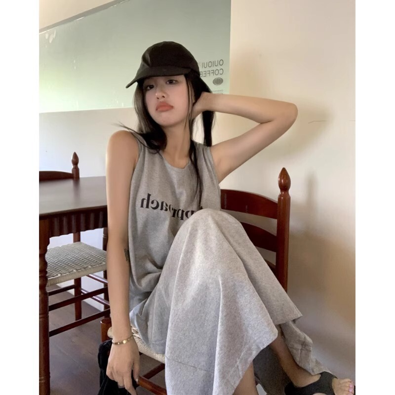 Vintage Pure Cotton Korean Style Sleeveless Top Niche Design Sense Letter Printed Vest Dress Split T-shirt Long Dress Vintage Pure Cotton Korean Style Sleeveless Top Niche Design Sense Letter Printed Vest Dress Split T-shirt Long Dress