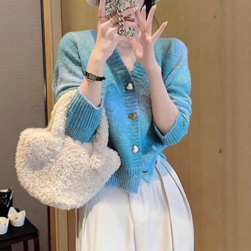 Super Fairy Tie-Dye Gradient Color Sweater Jacket for Women Autumn and Winter New Thickened Rainbow Sweet Knitted Cardigan Top Versatile