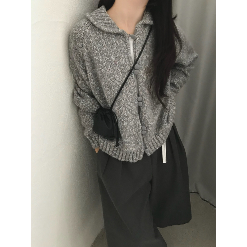 慵懒软糯翻领杂线双拉链毛衣外套女秋冬新款宽松针织开衫韩系上衣|undefined