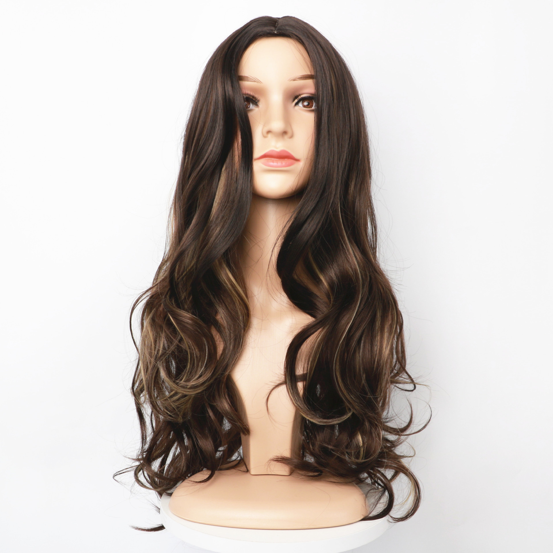 Συνθετική περούκα 2023 Νέα περούκα Γυναικεία μεσαία σχισμένη μακριά σγουρά με μεγάλους κυματισμούς καφέ κηλίδας, βαμμένη από συνθετικές ίνες για μαλλιά ολόκληρο σετ κεφαλιού_voghion.com