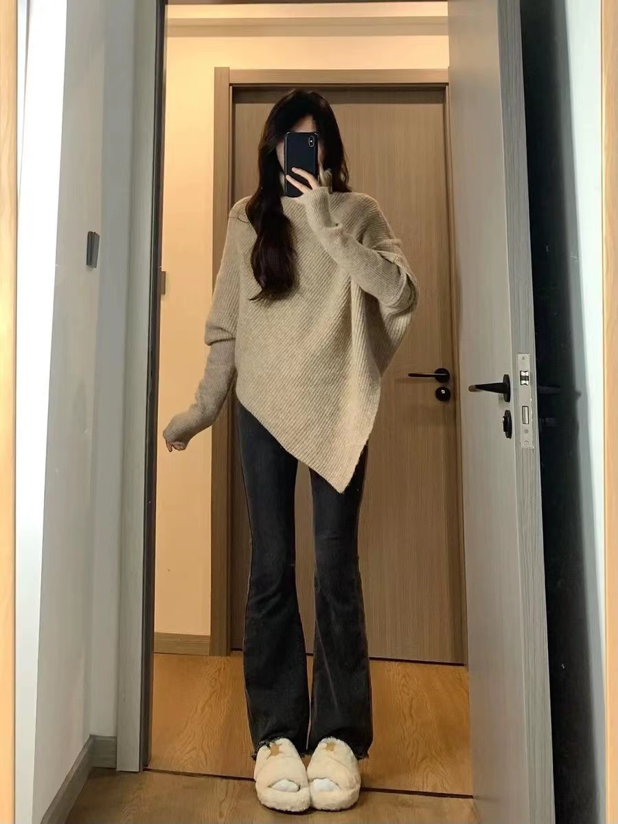 (2개) 불규칙한 디자인 센스 터틀넥 스웨터 여성의 가을과 겨울 느슨한 아우터 올 매치 니치 게으른 스타일 스웨터 탑