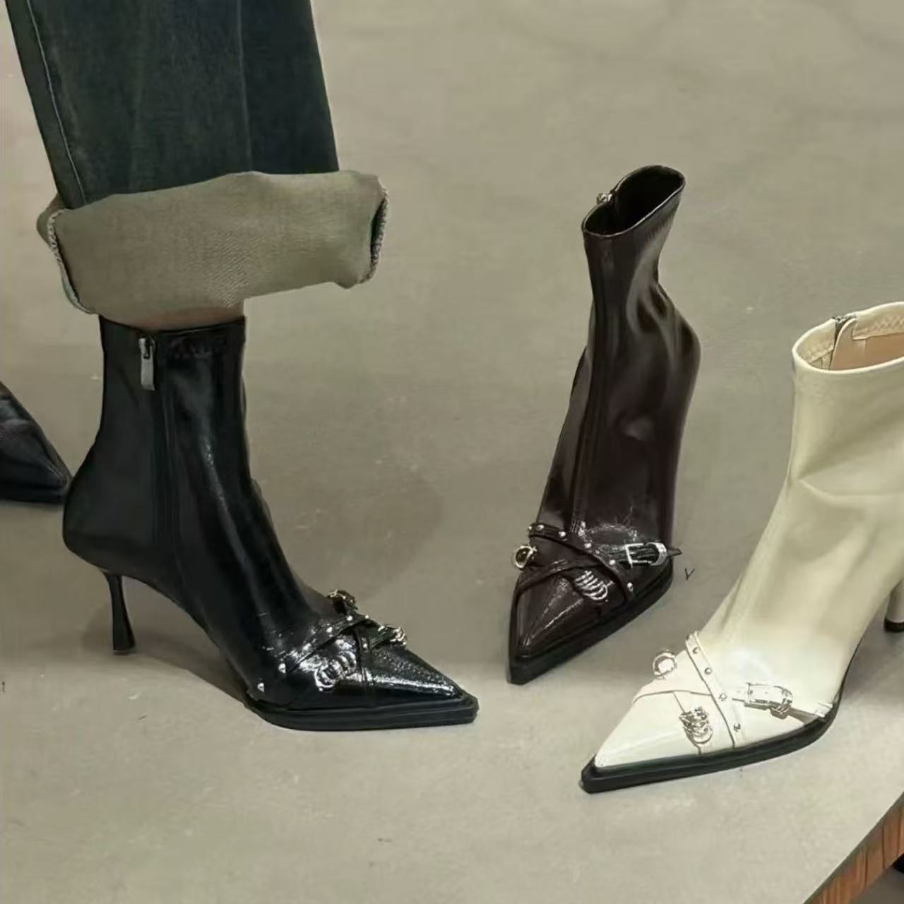 Sheepskin Version ~ 2025 New Autumn and Winter Versatile Pointed Toe Stiletto High Heel Short Boots for Women Rivet Boots Slim Boots