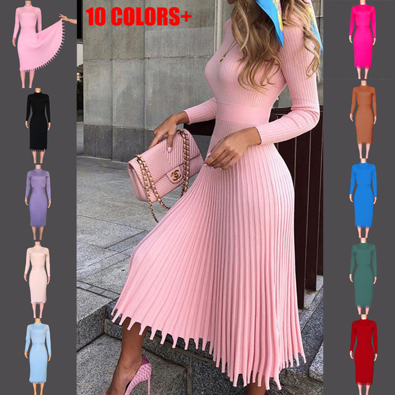 European and American Cross-Border Autumn and Winter Hot Sale New Fashion Women's Mid-Length Sweater Knitted Solid Color Pleated Dress