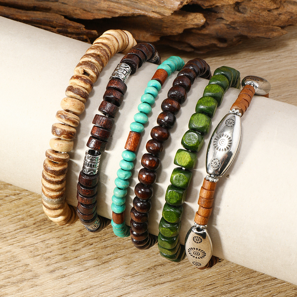 Nuovo set di braccialetti multistrato elastici in lega di perline di legno CCB da 6 pezzi, stile europeo e americano, casual e retrò_voghion.com