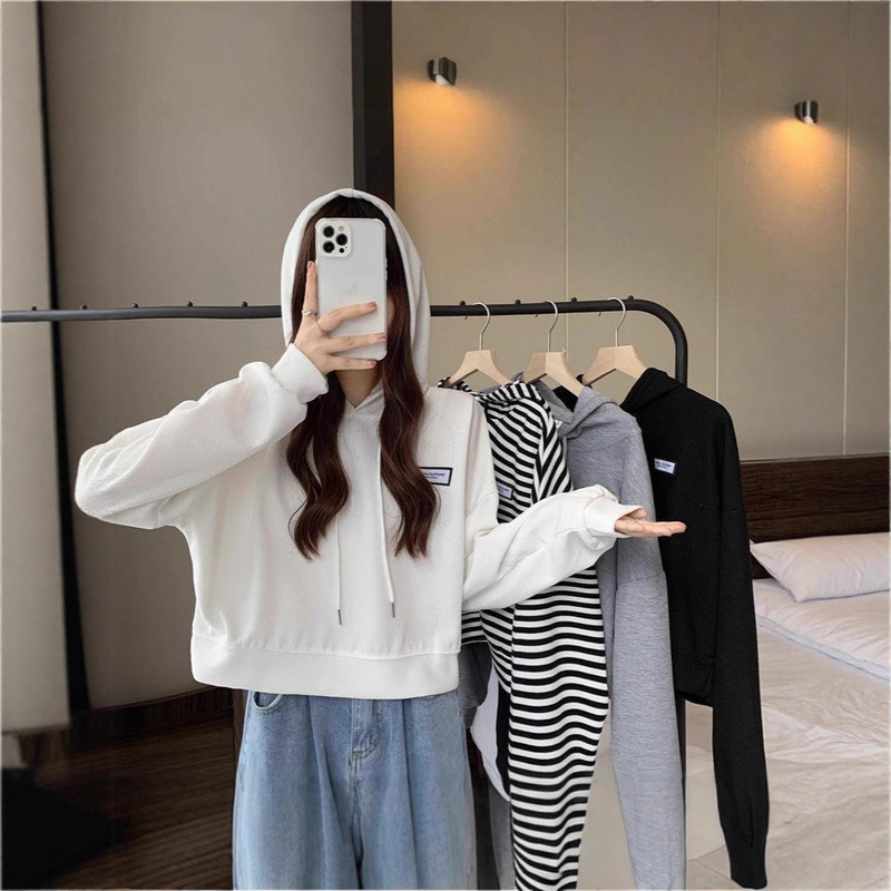 Designed Waffle Hooded Sweatshirt for Women 2025 Spring & Fall New Korean Style Casual Loose Fashion Versatile Top Trend