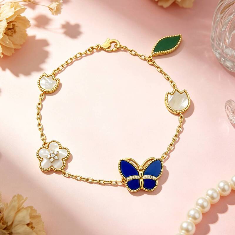 18K Gold-Plated Ladybug Blue Butterfly Bracelet Four-Leaf Clover Lucky Light Luxury Mother-Of-Pearl Green Leaf Stacked Five-Flower Bracelet for Women 18K Gold-Plated Ladybug Blue Butterfly Bracelet Four-Leaf Clover Lucky Light Luxury Mother-Of-Pearl Green Leaf Stacked Five-Flower Bracelet for Women