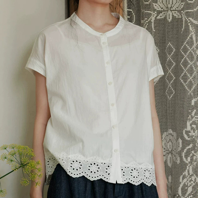 Qianyushanting【Daisy】Fashionable Japanese Style 2026 Summer Short-Sleeved Lace Shirt Top