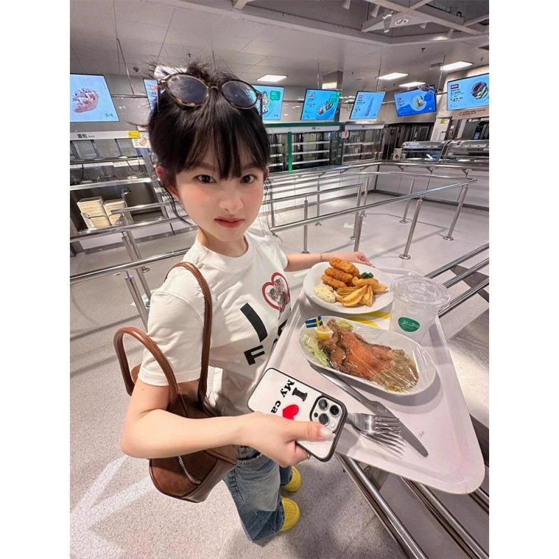 [210 г 40 тонких хлопчатобумажных 1*1] Корейская хоп любящая кошка белая футболка с короткими рукавами