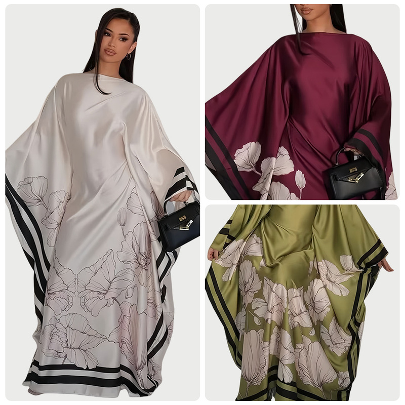 Amazon 2025 European and American New Style One-Line Collar Bat Sleeve Satin Long Skirt Stripesd Edge Floral Print Dress