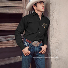 2025跨境欧美秋季男士长袖衬衫牛头翻领衬衫复古高级感独立站潮流