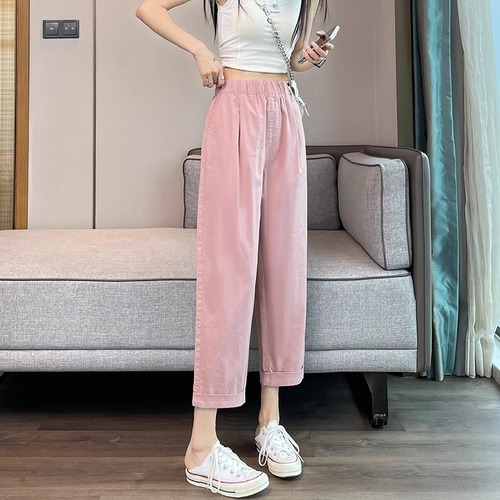Women's Summer Thin High-Waisted Loose Fitting Slimming Turnip Hem Ice Silk Harlon Pants for Plus Size, 9/10 Length Trendy