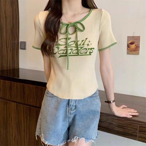 Cross-border American retro letter printed short-sleeved knitted T-shirt tops for women in summer niche ins don’t wear dopamine