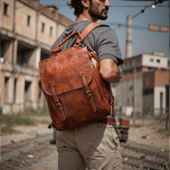植物タンニンなめし牛革コンピュータバッグバックパックメンズ大容量折りたたみコンピュータメンズトラベルバックパック湾曲したショルダーストラップ